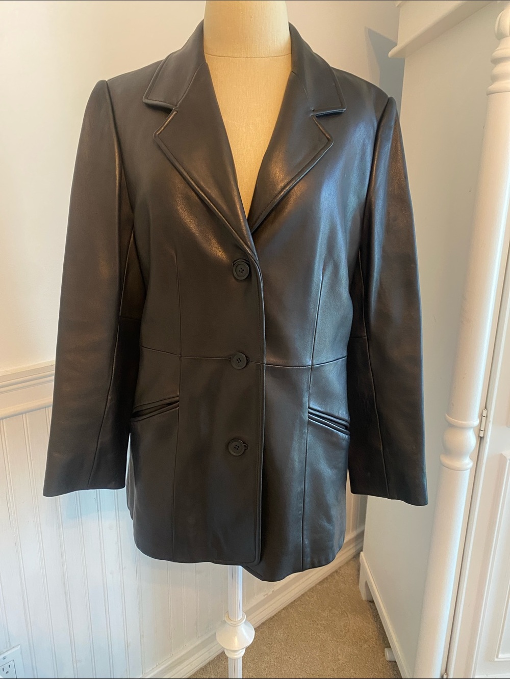 Nordstrom Black Leather Button-Front Women's Blazer Jacket